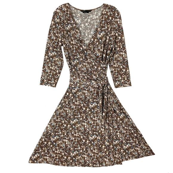 NWOT BCBGMAXAZRIA Dress L Brown Geometric-Print Faux-Wrap Tie Stretch Multicolor - Picture 1 of 16